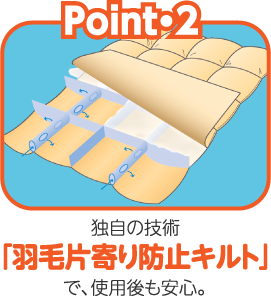 独自の技術「羽毛片寄り防止キルト」で、使用後も安心。